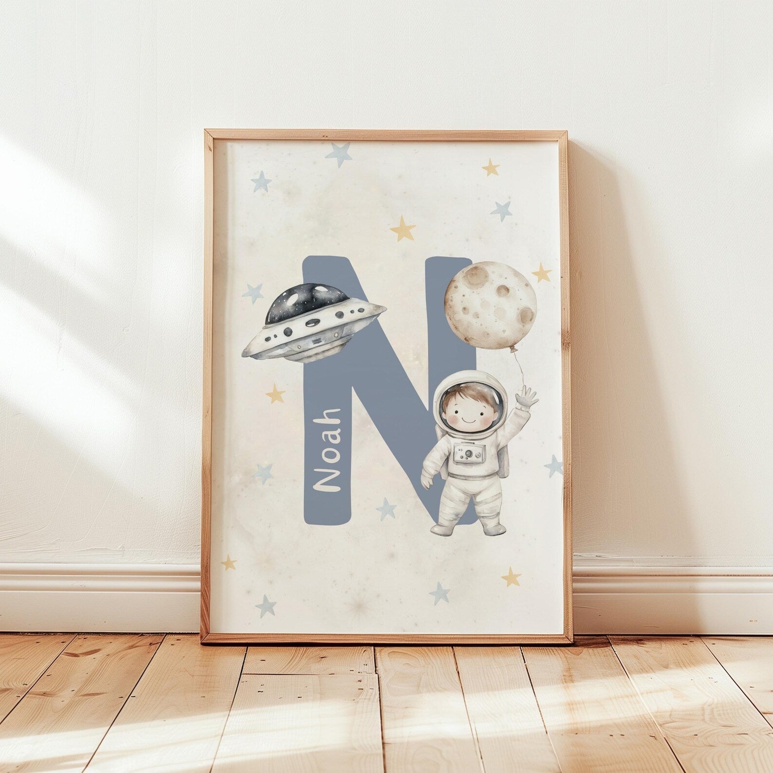 Cuadros Decorativos infantiles Modernos Astronautas Galaxia, cohete y nombre