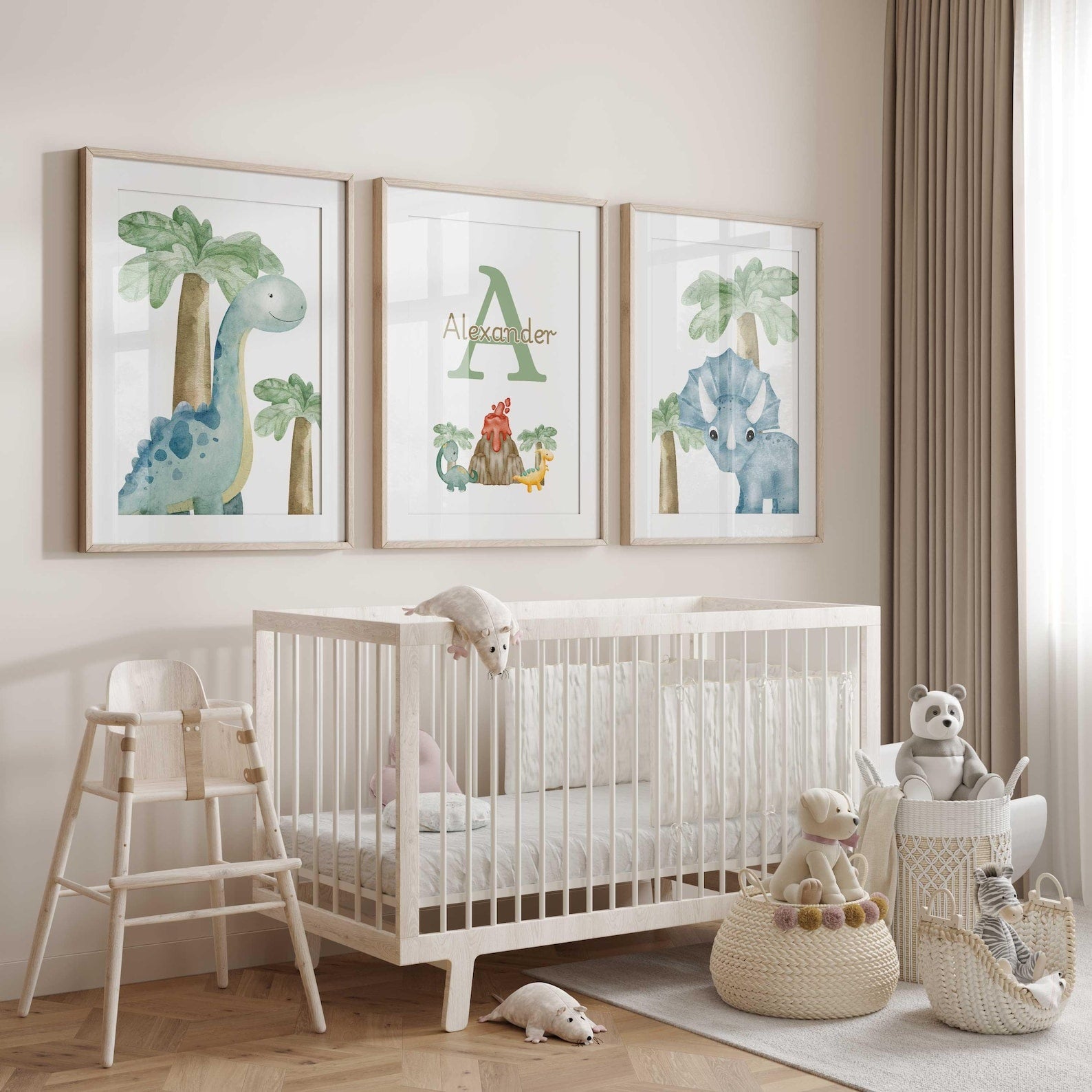 Cuadros Decorativos infantiles Modernos Dinosaurios en acuarela con nombre