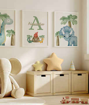 Cuadros Decorativos infantiles Modernos Dinosaurios en acuarela con nombre