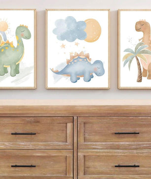 Cuadros Decorativos infantiles Modernos Dinosaurios coloridos en acuaela con nombre