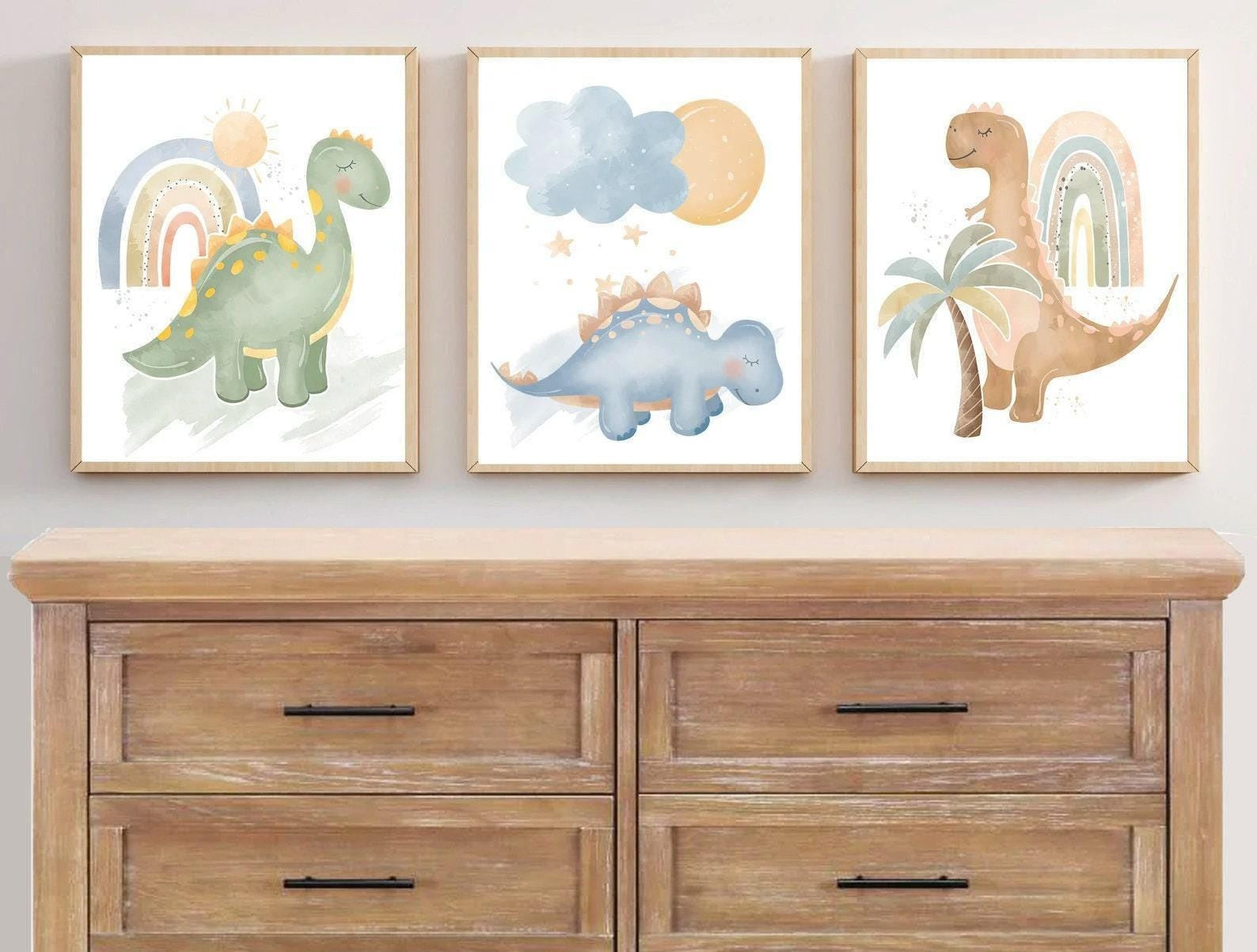 Cuadros Decorativos infantiles Modernos Dinosaurios coloridos en acuaela con nombre