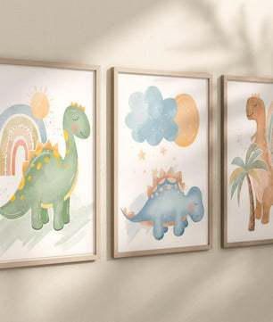 Cuadros Decorativos infantiles Modernos Dinosaurios coloridos en acuaela con nombre