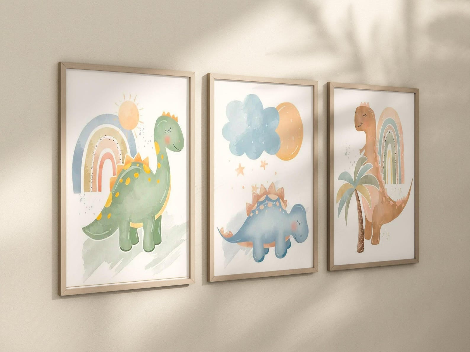 Cuadros Decorativos infantiles Modernos Dinosaurios coloridos en acuaela con nombre