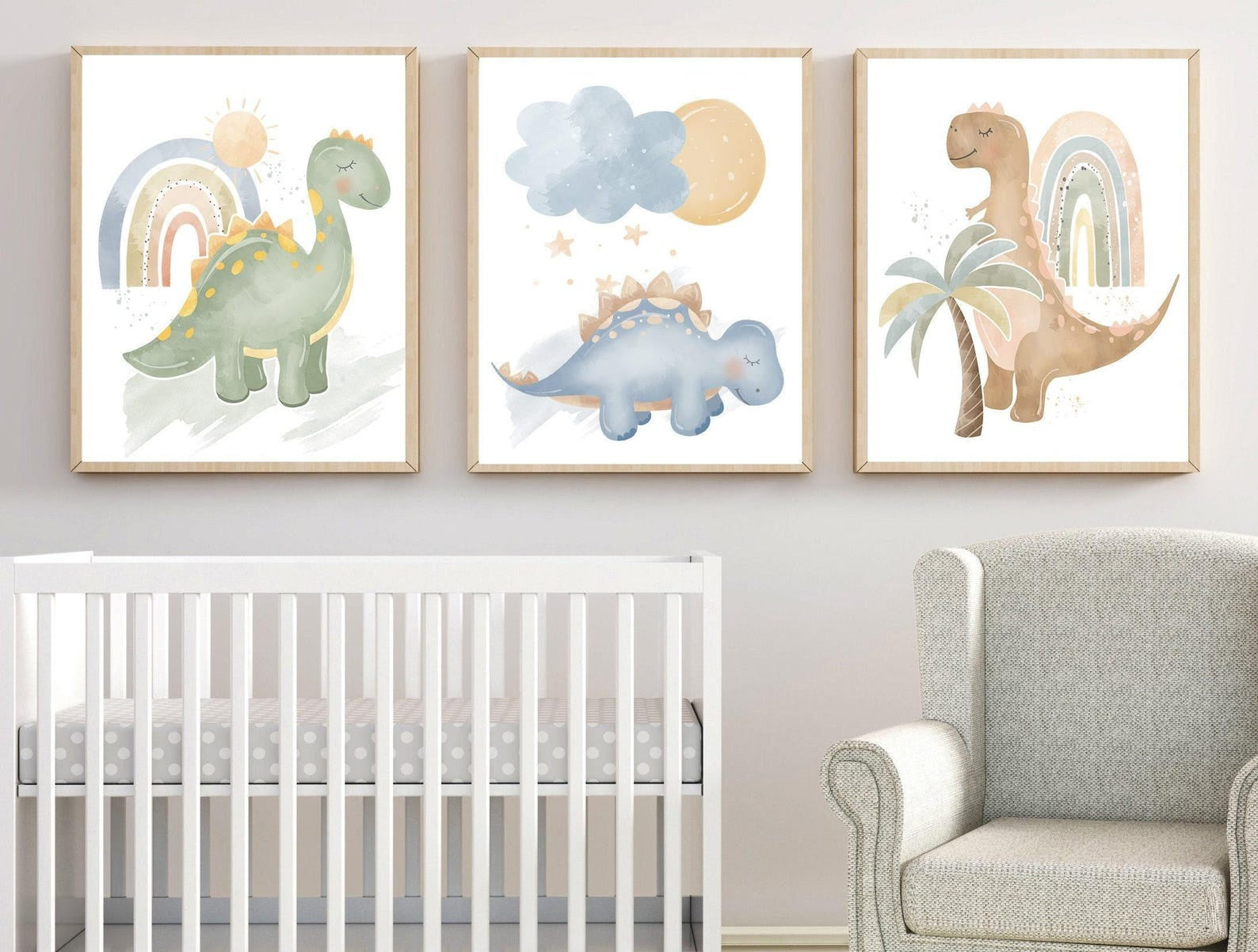 Cuadros Decorativos infantiles Modernos Dinosaurios coloridos en acuaela con nombre