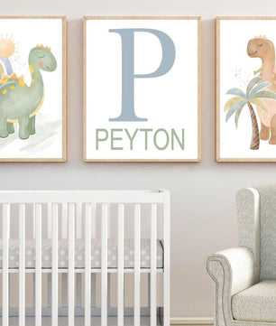 Cuadros Decorativos infantiles Modernos Dinosaurios coloridos en acuaela con nombre