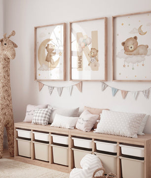 Cuadros Decorativos infantiles Modernos osos en luna y nube con nombre