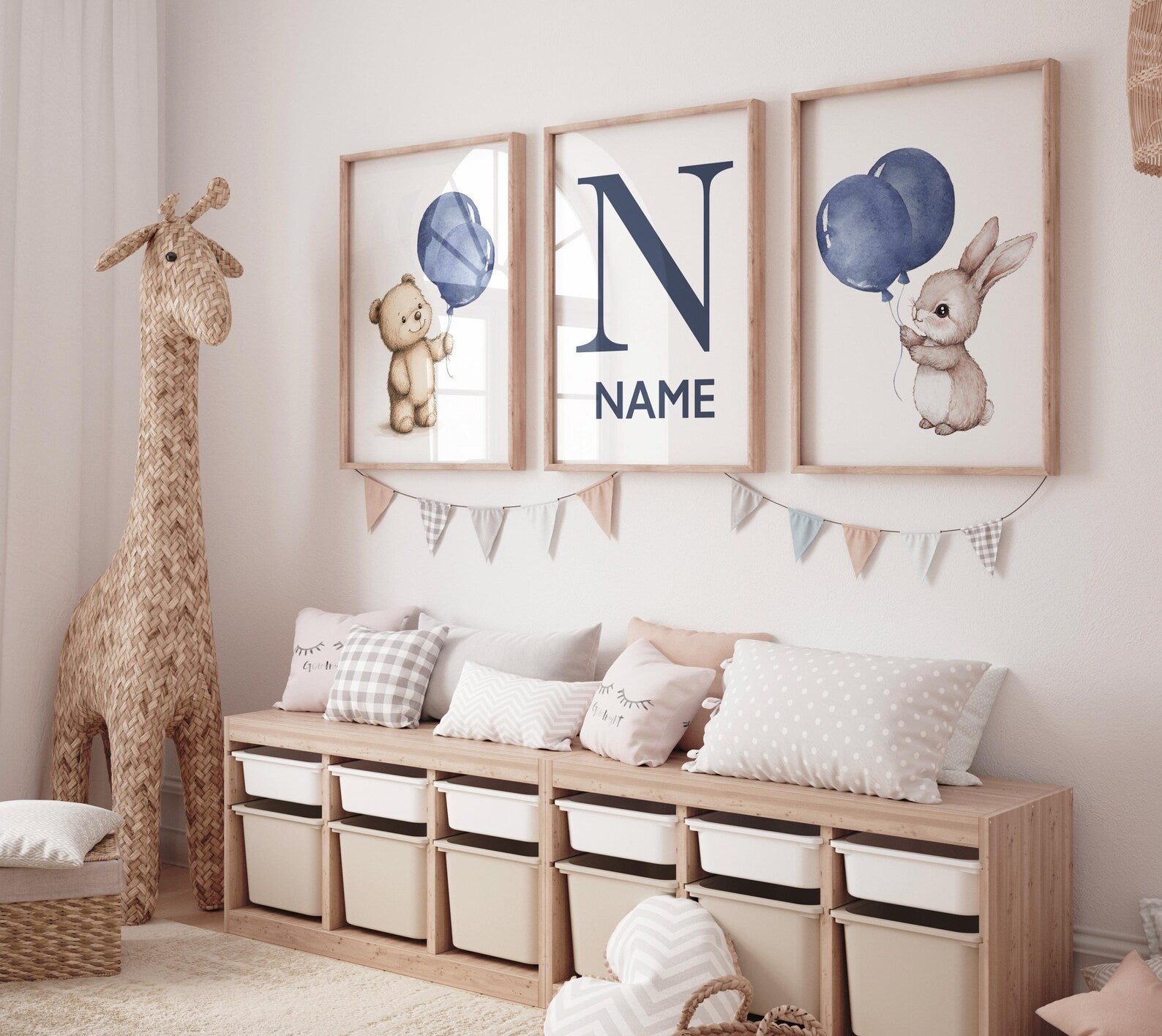Cuadros Decorativos infantiles Modernos osos y conejo con globo azul
