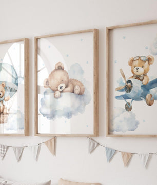 Cuadros Decorativos infantiles Modernos osos aviador en nube y globo