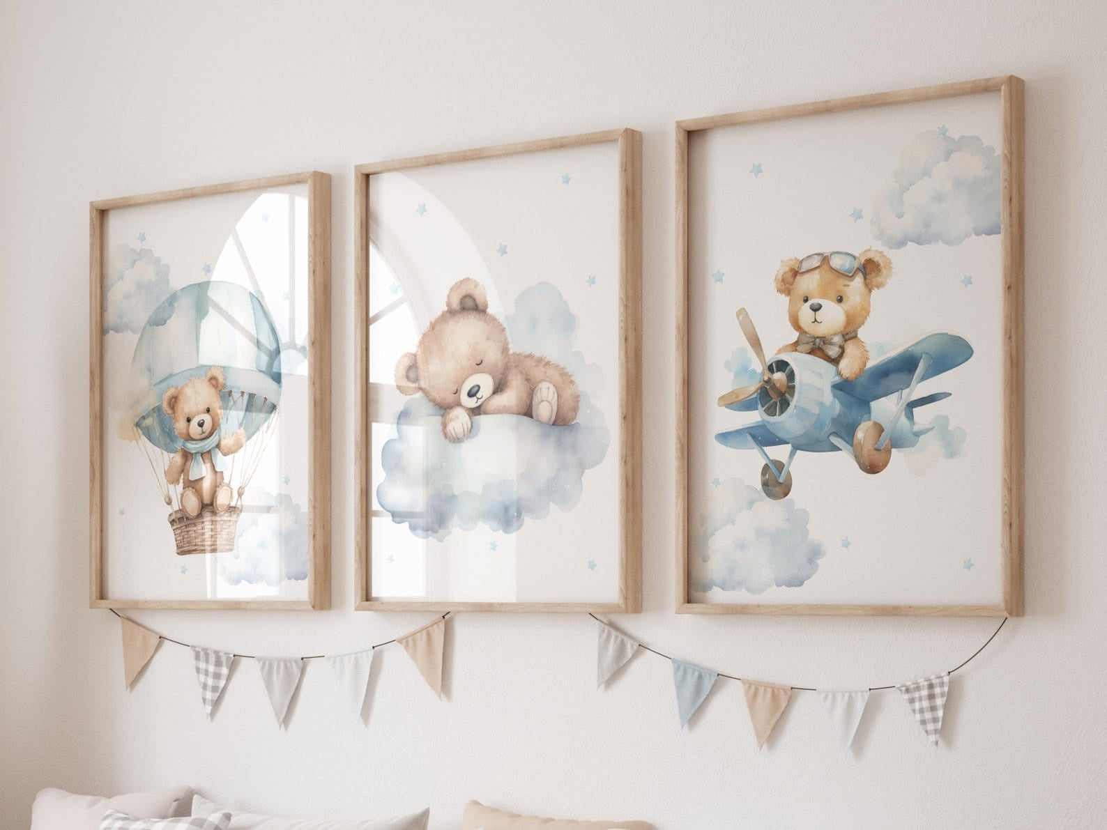 Cuadros Decorativos infantiles Modernos osos aviador en nube y globo