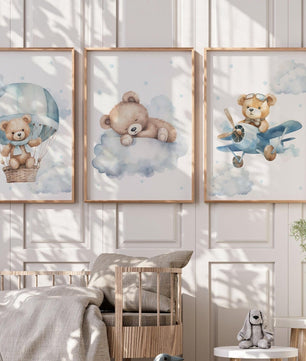 Cuadros Decorativos infantiles Modernos osos aviador en nube y globo