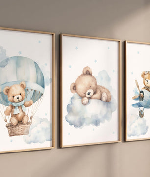 Cuadros Decorativos infantiles Modernos osos aviador en nube y globo