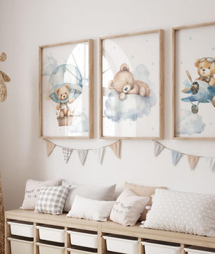 Cuadros Decorativos infantiles Modernos osos aviador en nube y globo