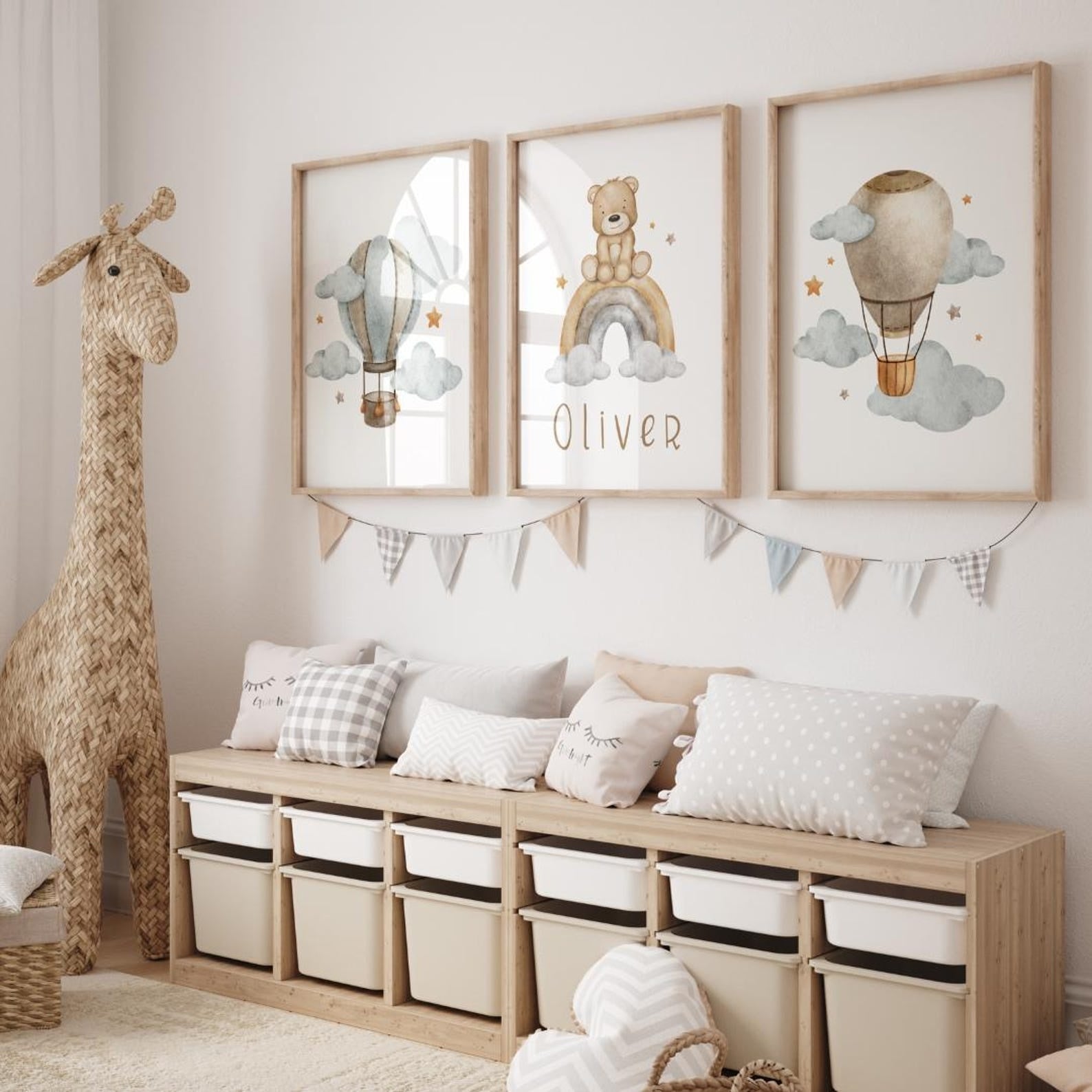 Cuadros Decorativos infantiles Modernos osos, arcoiris y globos con nombre