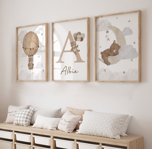 Cuadros Decorativos infantiles Modernos osos con globo aerostatico, luna y nombre