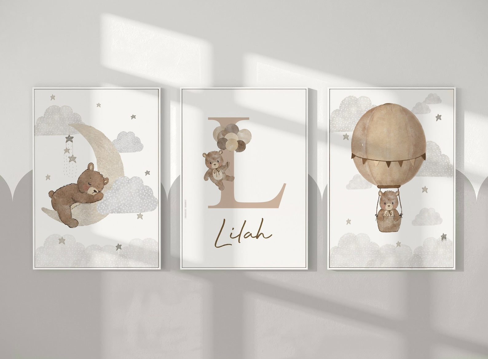 Cuadros Decorativos infantiles Modernos osos con globo aerostatico, luna y nombre