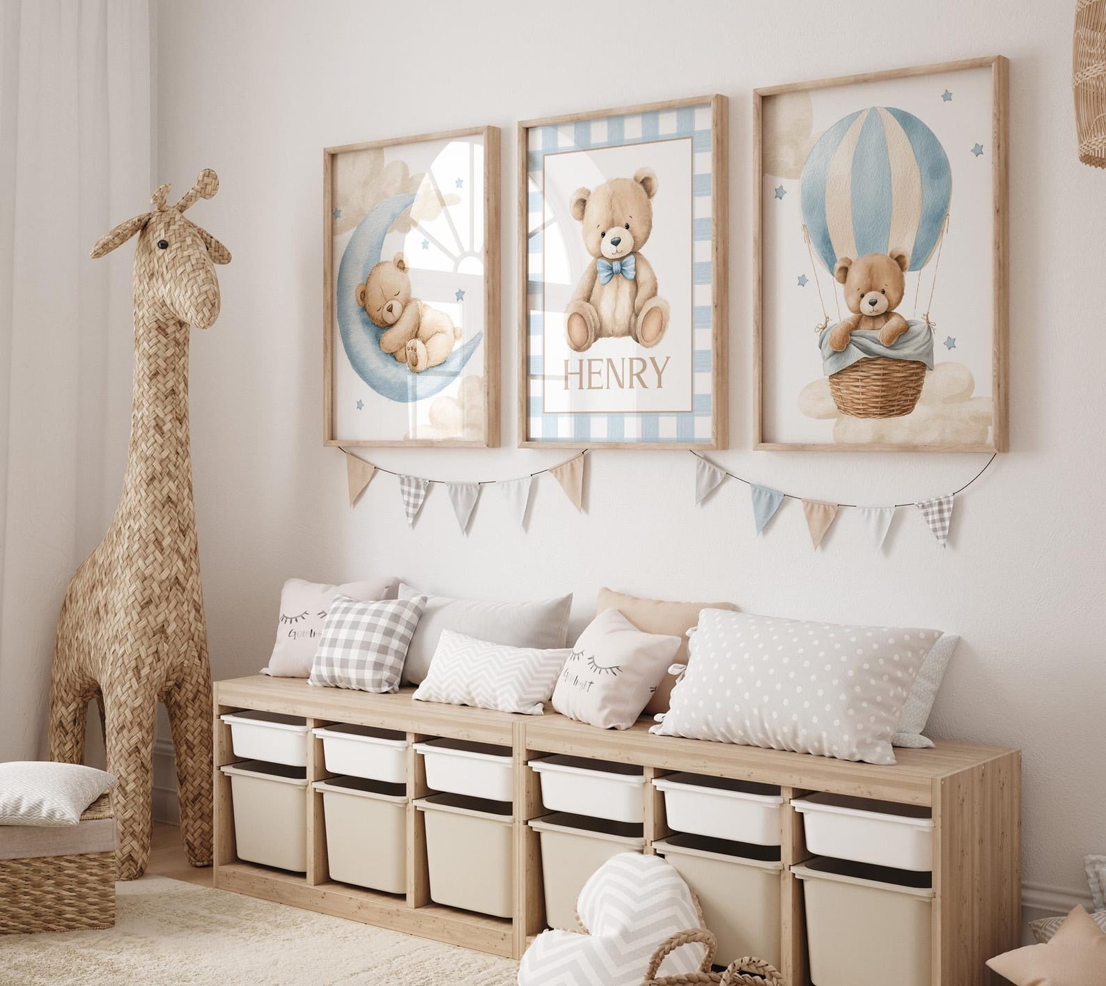 Cuadros Decorativos infantiles Modernos osos teddy Globo aerostatico, luna y nombre