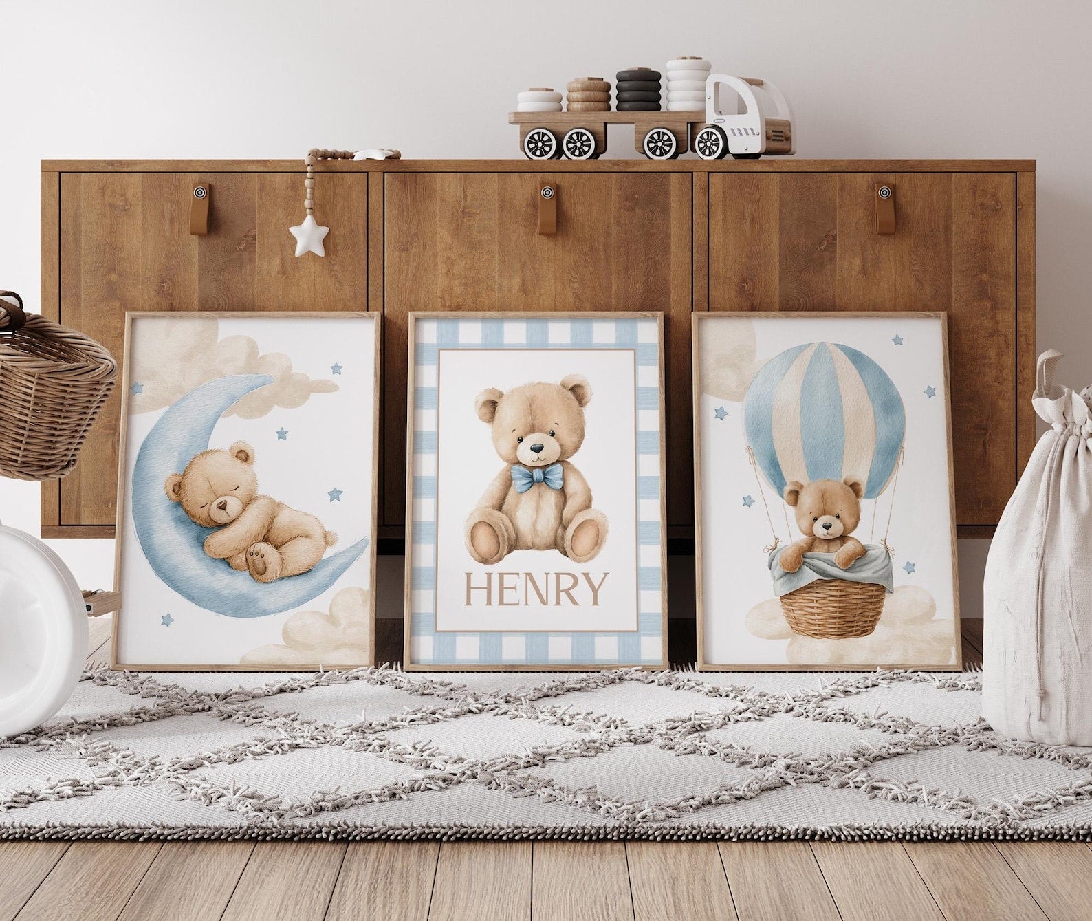 Cuadros Decorativos infantiles Modernos osos teddy Globo aerostatico, luna y nombre