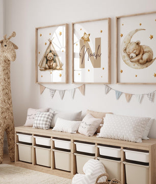 Cuadros Decorativos infantiles Modernos osos en carpa, luna con nombre