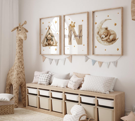 Cuadros Decorativos infantiles Modernos osos en carpa, luna con nombre