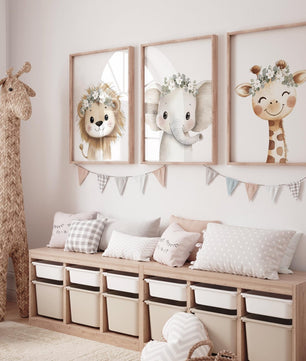 Cuadros Decorativos infantiles Modernos animales ilustracion niña flores blancas