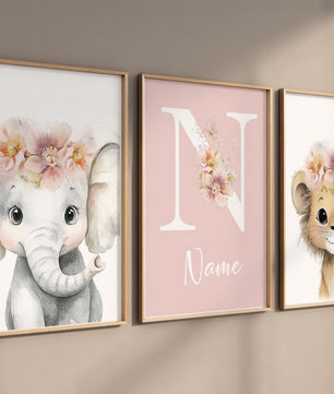 Cuadros Decorativos infantiles Modernos animales ilustracion niña flores con nombre