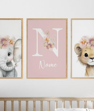 Cuadros Decorativos infantiles Modernos animales ilustracion niña flores con nombre