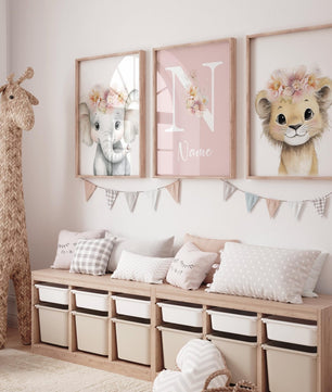 Cuadros Decorativos infantiles Modernos animales ilustracion niña flores con nombre