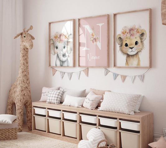 Cuadros Decorativos infantiles Modernos animales ilustracion niña flores con nombre
