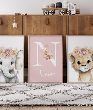 Cuadros Decorativos infantiles Modernos animales ilustracion niña flores con nombre