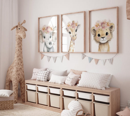 Cuadros Decorativos infantiles Modernos animales ilustracion niña flores