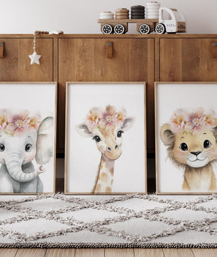 Cuadros Decorativos infantiles Modernos animales ilustracion niña flores