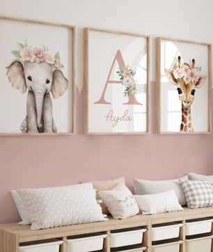 Cuadros Decorativos infantiles Modernos animales personalizados con flores niña con nombre