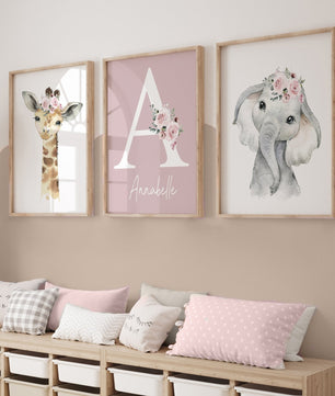 Cuadros Decorativos infantiles Modernos animales personalizados con flores niña con nombre 2