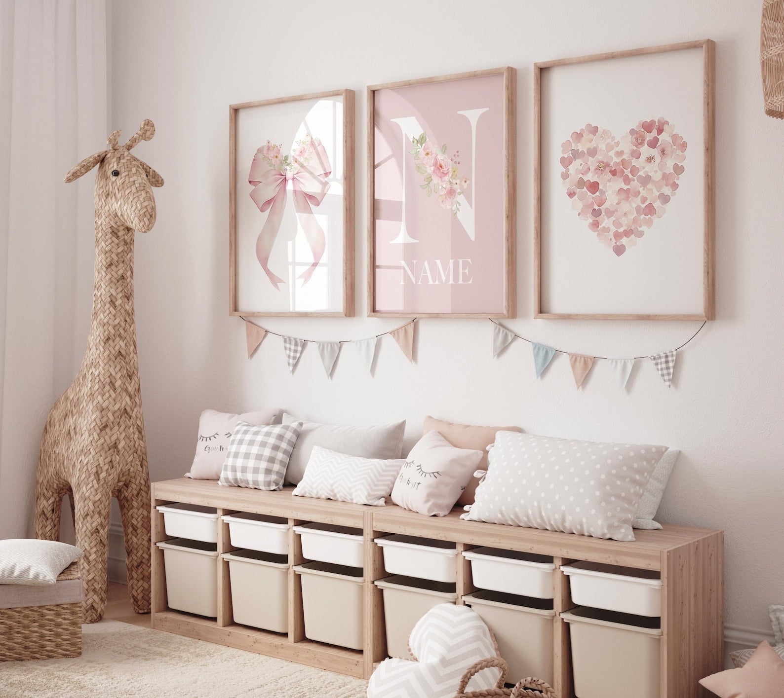 Cuadros Decorativos infantiles Modernos Moño con flores corazon y nombre