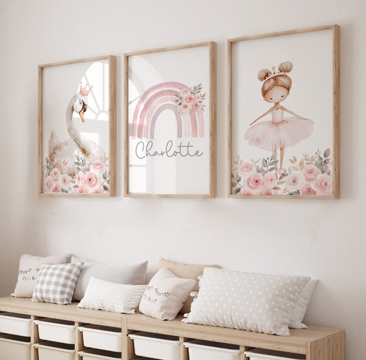 Cuadros Decorativos infantiles Modernos Flores, bailarina, cisne, arcoiris y nombre