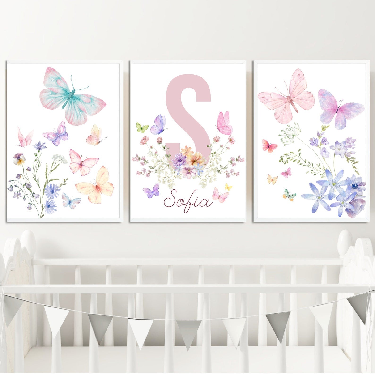 Cuadros Decorativos infantiles Modernos Flores de mariposas con nombre
