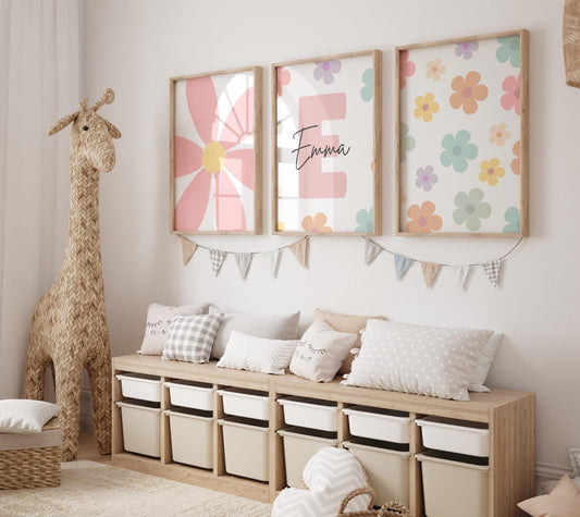 Cuadros Decorativos infantiles Modernos Flores margaritas coloridas con nombre