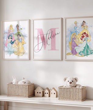 Cuadros Decorativos infantiles Modernos de princesas en acuarela con nombre