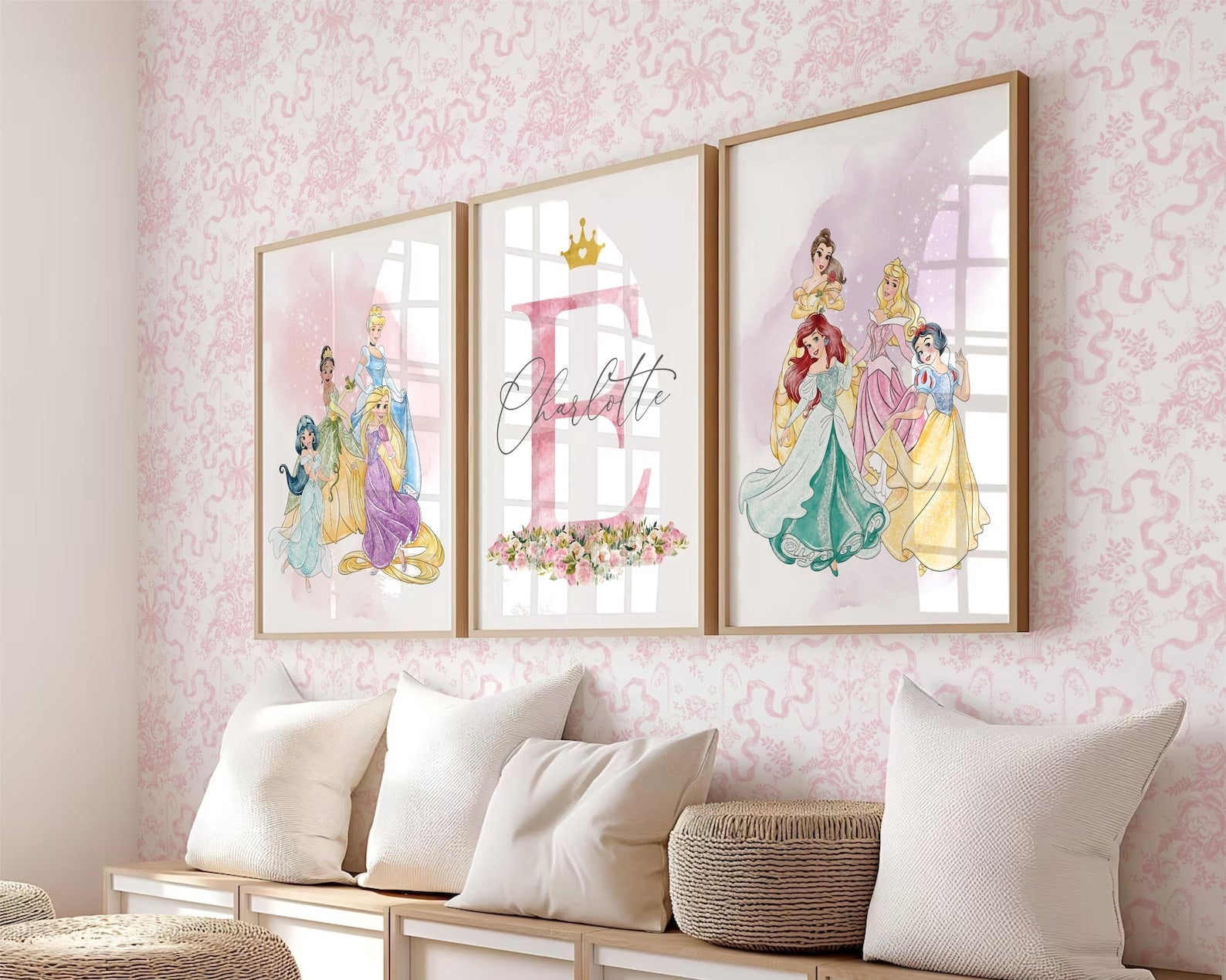 Cuadros Decorativos infantiles Modernos de princesas  con nombre personalizadas acuarela