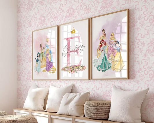 Cuadros Decorativos infantiles Modernos de princesas  con nombre personalizadas acuarela