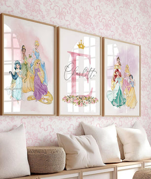 Cuadros Decorativos infantiles Modernos de princesas  con nombre personalizadas acuarela