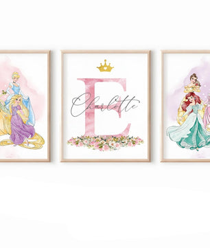 Cuadros Decorativos infantiles Modernos de princesas  con nombre personalizadas acuarela
