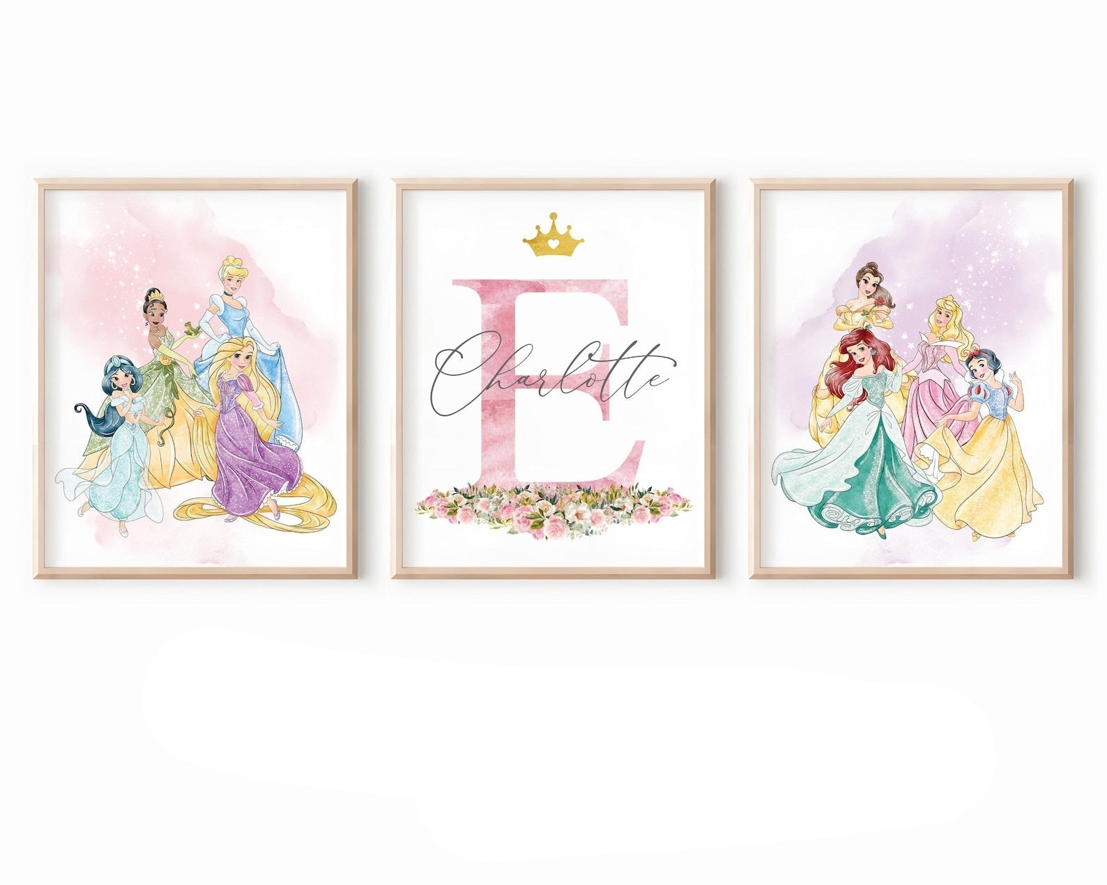 Cuadros Decorativos infantiles Modernos de princesas  con nombre personalizadas acuarela