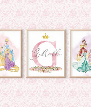 Cuadros Decorativos infantiles Modernos de princesas  con nombre personalizadas acuarela