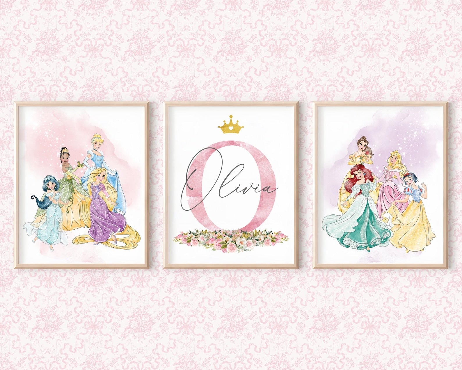 Cuadros Decorativos infantiles Modernos de princesas  con nombre personalizadas acuarela