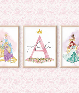 Cuadros Decorativos infantiles Modernos de princesas  con nombre personalizadas acuarela