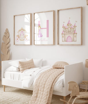 Cuadros Decorativos infantiles Modernos de princesas ilustracion castillo, carrueaje y nombre
