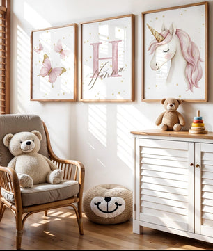 Cuadros Decorativos infantiles Modernos de princesas unicornio, mariposas con nombre