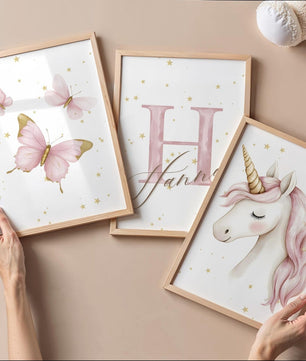 Cuadros Decorativos infantiles Modernos de princesas unicornio, mariposas con nombre