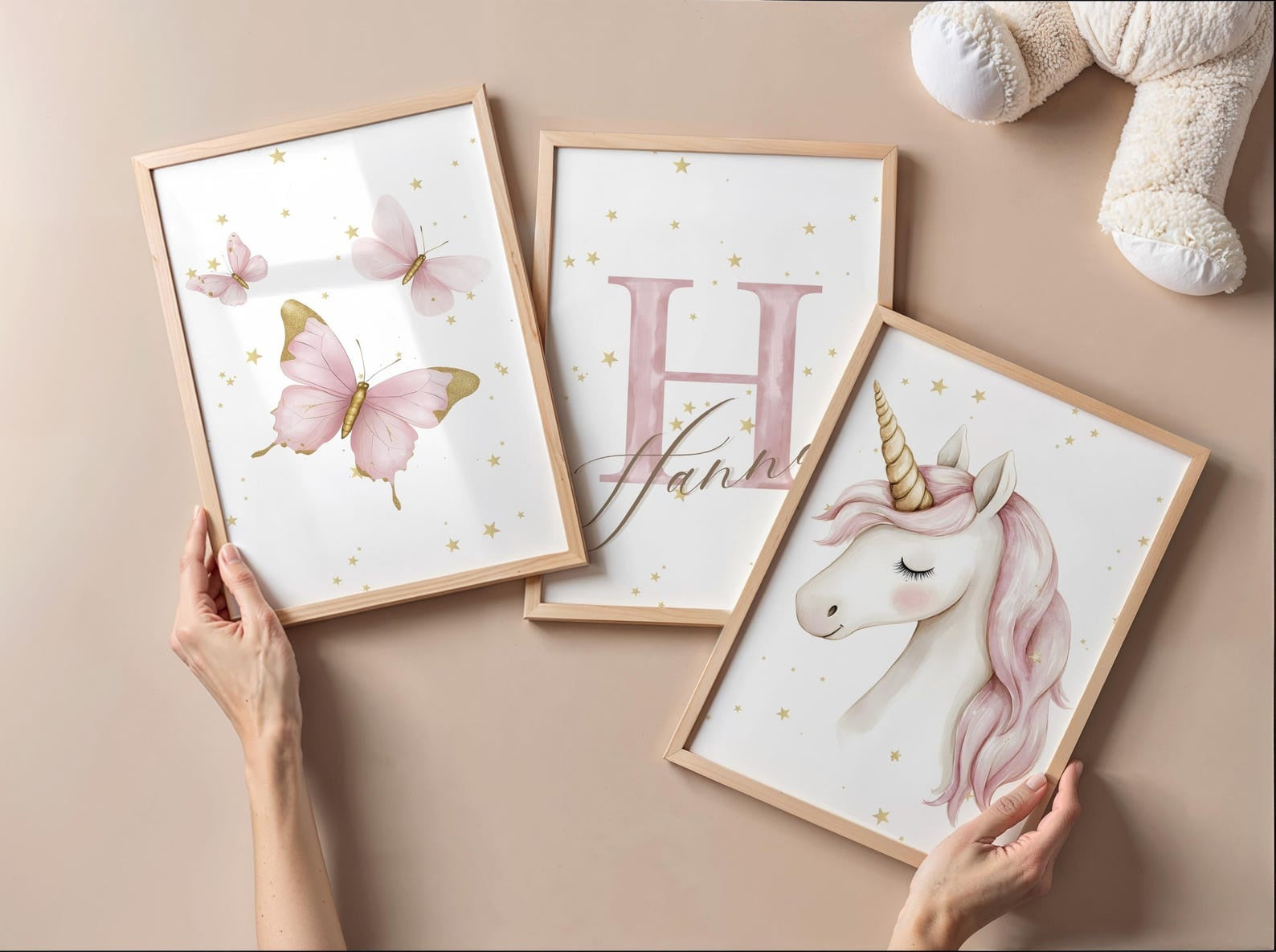 Cuadros Decorativos infantiles Modernos de princesas unicornio, mariposas con nombre